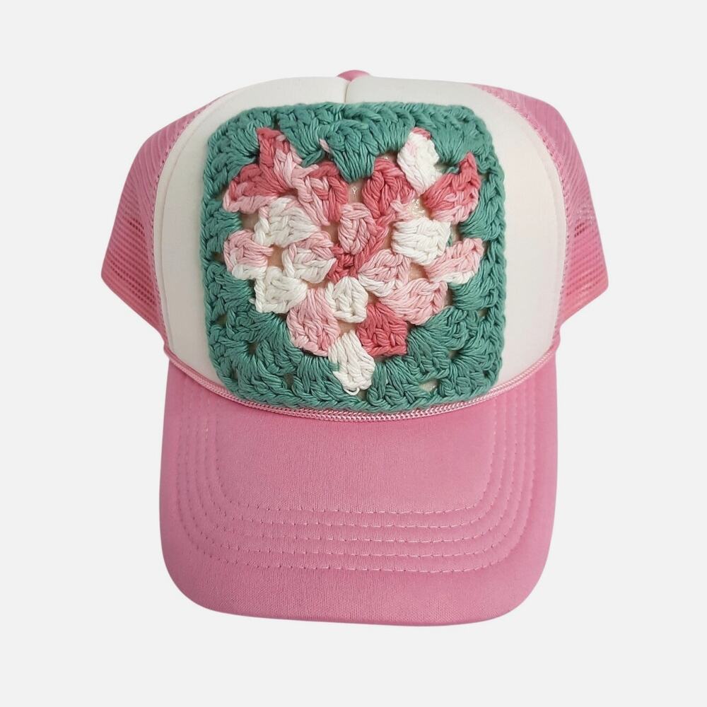 Crochet Granny Square Trucker Hat Hand Crafted Pink Green Heart Adjustable NEW